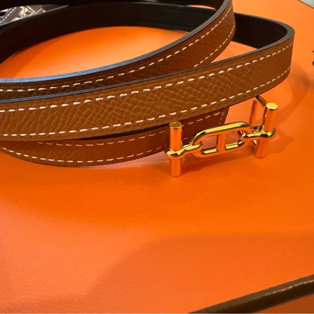 Hermes Reversible Calfskin Leather Strap Belt 13mm with Ancre Buckle in Gold - Picture 2 of 6